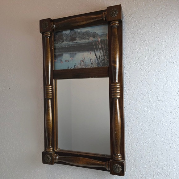 Other - Vintage Rustic Wood Wall Mirror Scenic Duck Nature Print Spindle Frame Rosettes